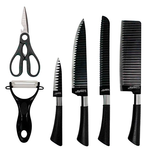 Jogo De Facas 6 Peças Com Tesoura Knife Set Preto [F102]