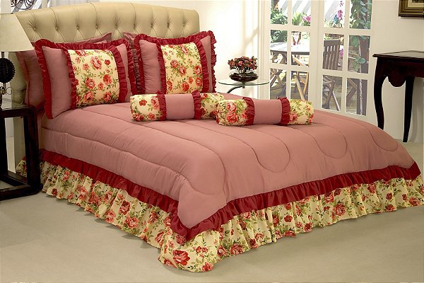 Kit Colcha Edredon Florença Casal Queen 05 Pçs Rose [F101]