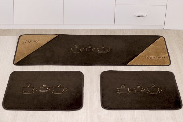 Kit De Tapetes De Cozinha Passadeira Gourmet Marrom 03 Peças [F101]