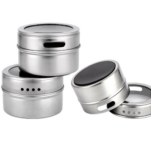 Porta Tempero Magnético Em Aço Inox 3 Peças Com Suporte [F102]