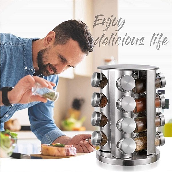 Porta Temperos Inox Giratório Com 16 Potes Torre De Condimentos;inox [F102]