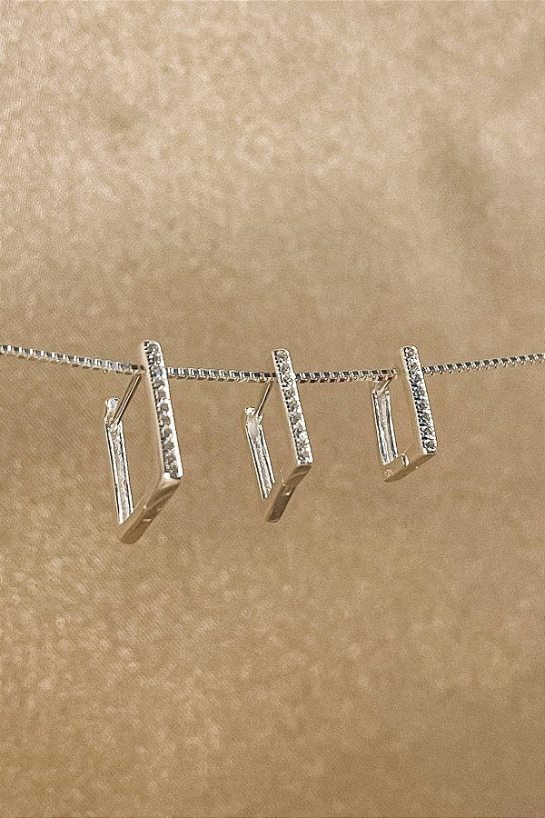 Trio De Argolinhas Quadradas Com Zircônia Em Prata 925 [F027]