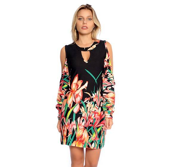 Vestido Curto Viscolycra Manga Longa Ombro Nu Tropical [F081]