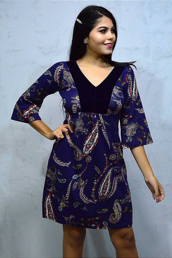 Vestido Curto Viscolycra Mangas Flare Paisley Azul [F081]