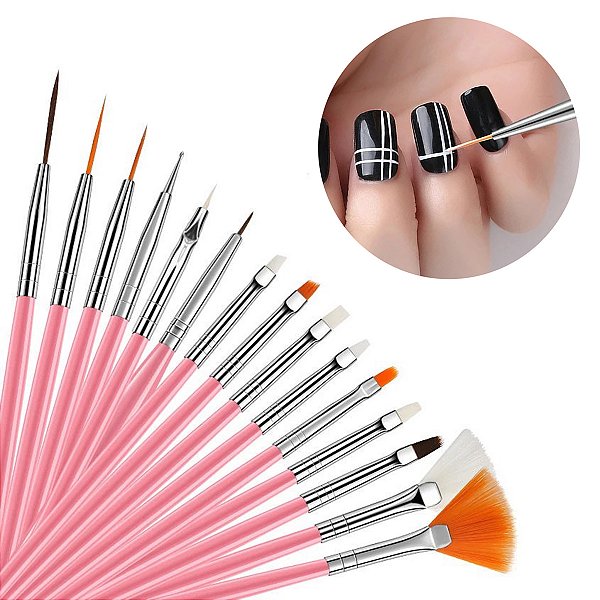 Kit Pincel Gel Uv 15 Pinceis Manicure Acrigel Cor: Rosa [F102]