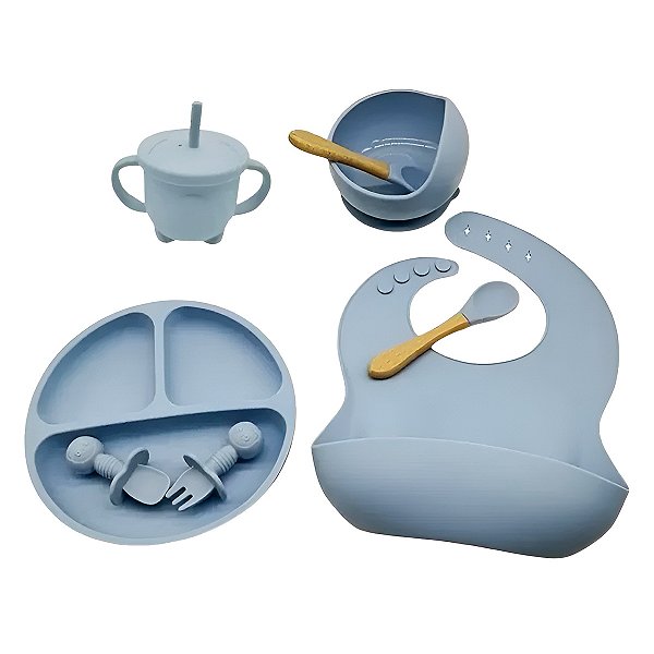 Kit Prato Infantil Silicone Copo Talher Babador Tigela Azul [F102]
