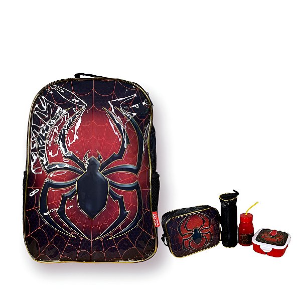 Kit Mochila Escolar Infantil Homem Aranha Cor: Preta [F102]