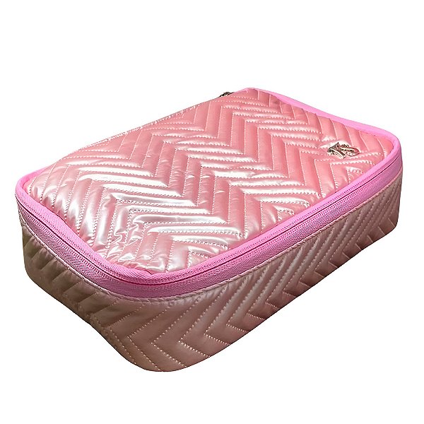 Bolsa Necessaire Estilo Matelassê Chevron Metálico Cor:rosa [F102]