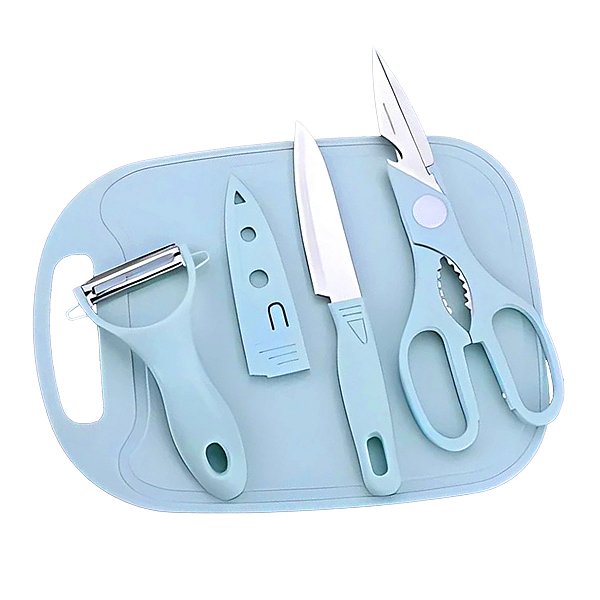 Kit Utensílios Cozinha Faca Tabua Tesoura Descascador  Azul [F102]
