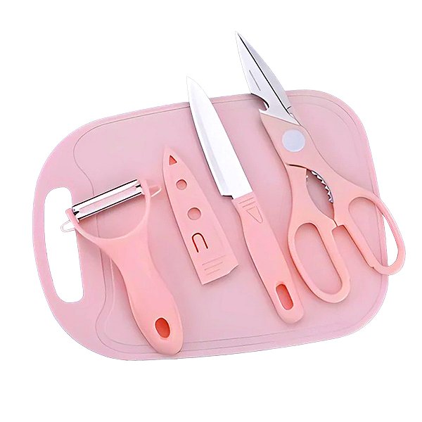 Kit Utensílios Cozinha Faca Tabua Tesoura Descascador  Rosa [F102]