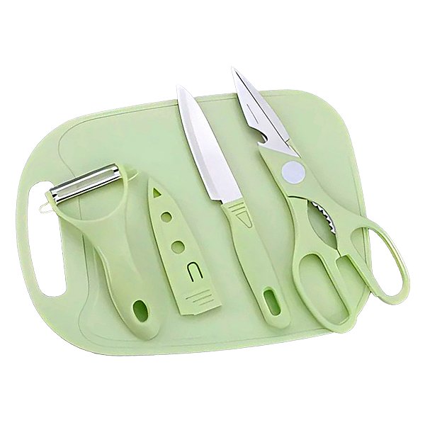 Kit Utensílios Cozinha Faca Tabua Tesoura Descascador Verde [F102]