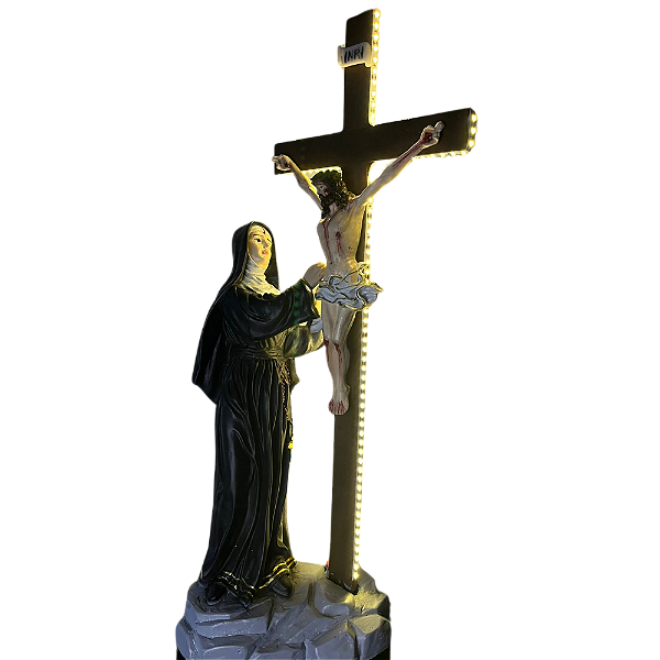 Imagem Santa Rita de Cássia Contempla Jesus na Cruz com Iluminação