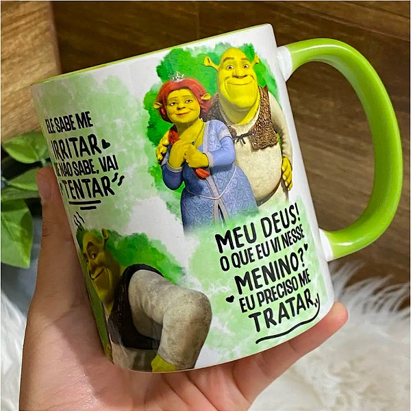 Caneca Personalizada Unykk com Tema do Filme Shrek e Fiona - Caneca Alça Verde e Interior Verde, Envio Rápido.