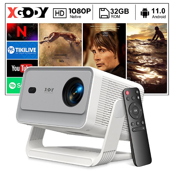 Projetor Shelby's Midnight Gimbal XGODY A6 Pro – Android 11 | Nativo 1080P HDR & Suporte 4K