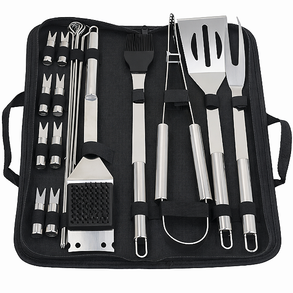 Kit Conjunto Churrasco Aço Inox Maleta 20 Peças