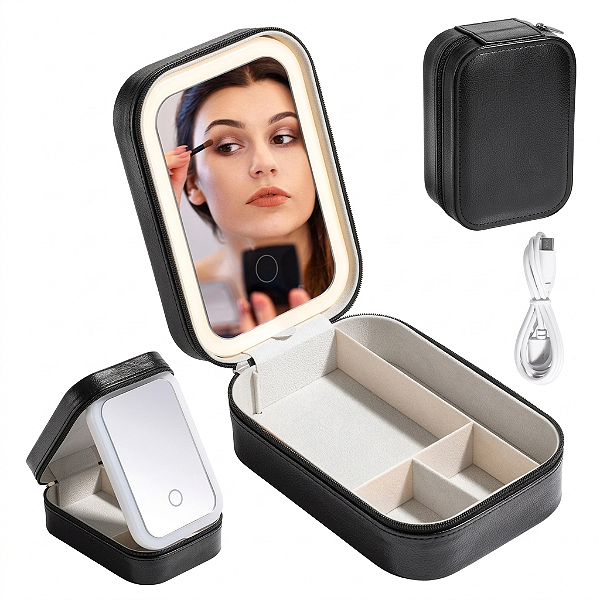Mini Maleta de Maquiagem com Espelho LED Preto