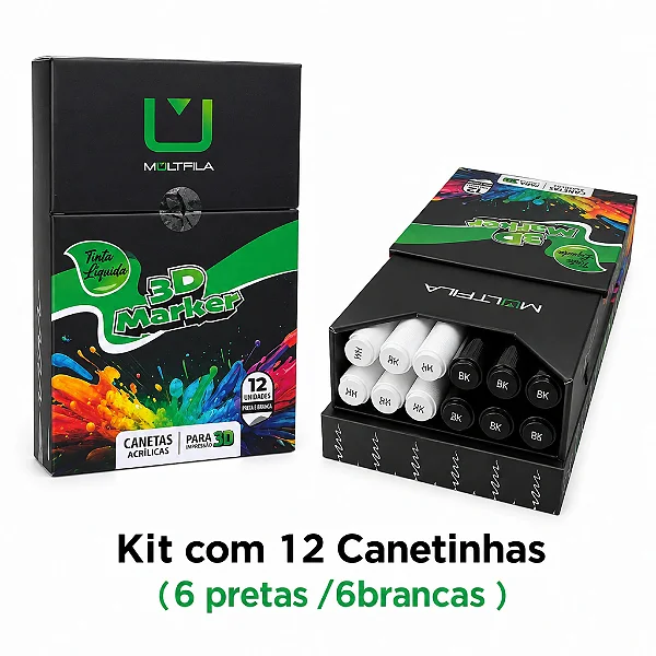 CONJUNTO DE 12 CANETAS MARCADORAS MULTFILA - 6 Pretas 6 Brancas