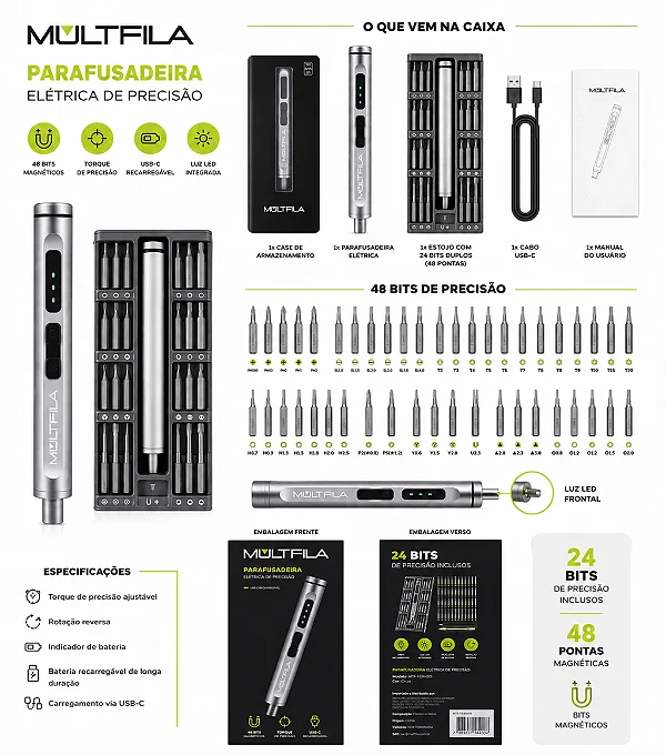 PARAFUSADEIRA ELETRICA RECARREGAVEL DE PRECISAO C/ 48 BITS MULTFILA