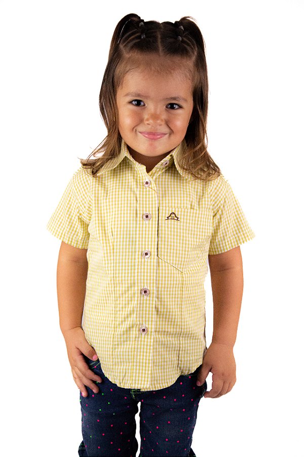 Camisa Infantil Feminina Manga Curta Xadrez Amarela