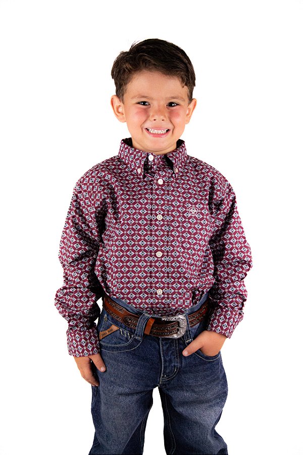 Camisa Infantil Masculina Ariat Manga Longa Vinho