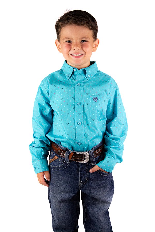 Camisa Infantil Masculina Ariat Manga Longa Azul
