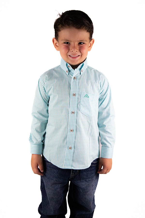Camisa Infantil Masculina Manga Longa Xadrez Verde Água
