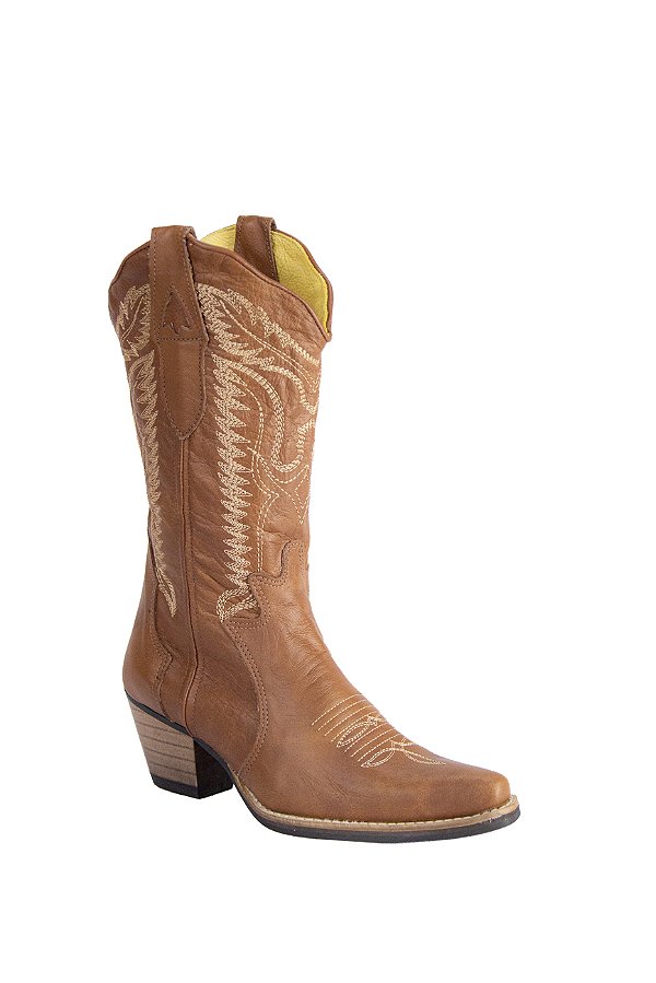Bota Feminina Stable Brand bico fino fossil marrom costura bege