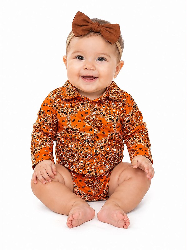 Body manga longa stable paisley laranja