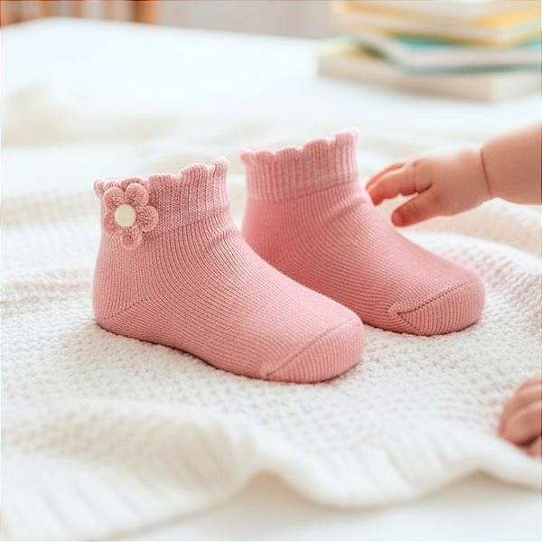 Meia Infantil de Algodão com Aplique de Flor