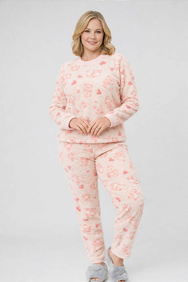 Pijama feminino de plush rosa