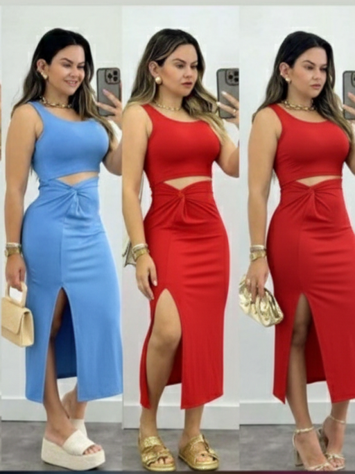 Vestido midi cruzadinho com fenda - Vermelho