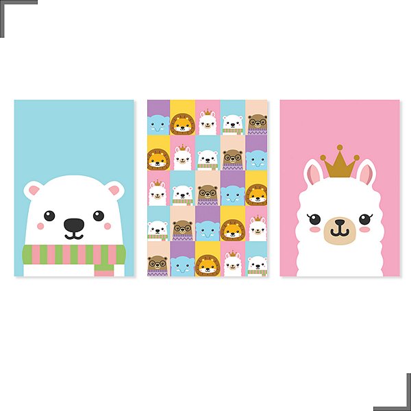 Placa Quadro Decorativo Infantil Animals Colors Em MDF 30x20cm Kit 3