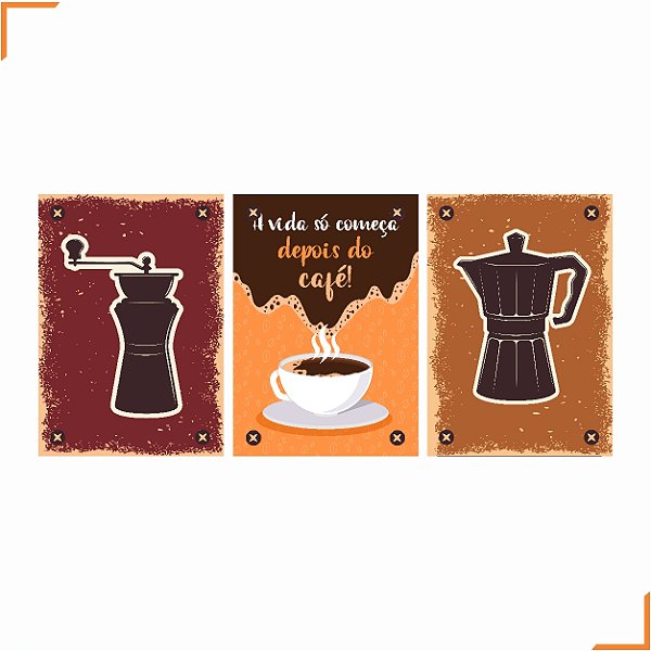 Placa Quadro Decorativo Café 3 Em MDF 30x20cm Kit 3