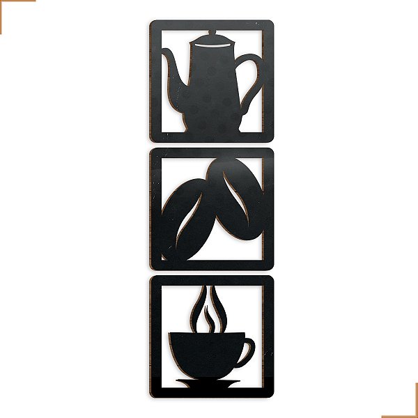 Aplique Decorativo Bule Grãos Xicára Em MDF 20x20cm Preto