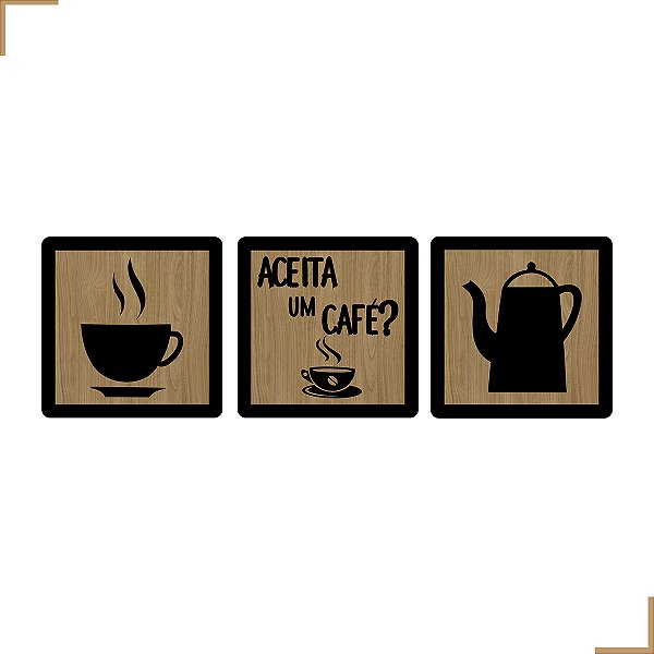 Placa Quadro Decorativo Cantinho do Café Em MDF 20x20cm Kit 3