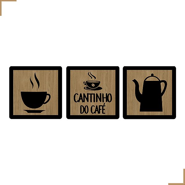 Placa Quadro Decorativo Bule, Cantinho do Café, Xicára Em MDF 20x20cm Kit 3