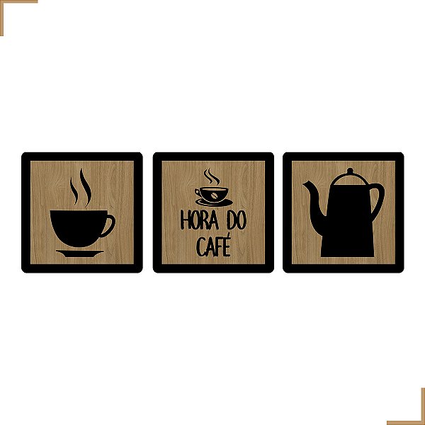 Placa Quadro Decorativo Bule, Hora do Café, Xicára Em MDF 20x20cm Kit 3