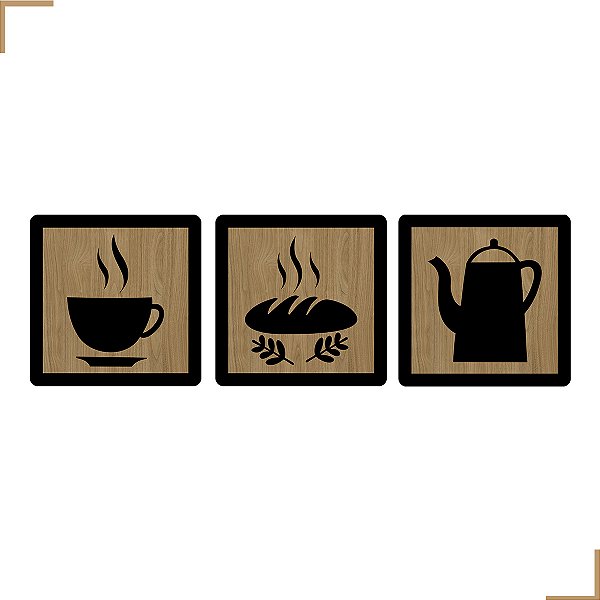 Placa Quadro Decorativo Bule, Pão, Xicára Em MDF 20x20cm Kit 3