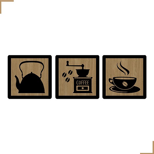 Placa Quadro Decorativo Bule, Moedor, Xicára Em MDF 20x20cm Kit 3