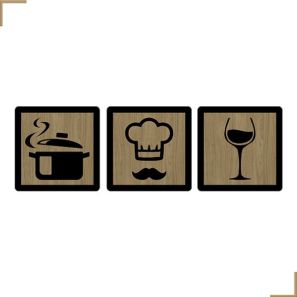 Placa Quadro Decorativo Panela, Chapéu Bigode, Taça Em MDF 20x20cm Kit 3