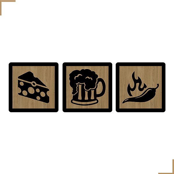 Placa Quadro Decorativo Queijo, Chopp, Pimenta Em MDF 20x20cm Kit 3