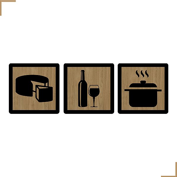 Placa Quadro Decorativo Queijo, Garrafa, Panela Em MDF 20x20cm Kit 3