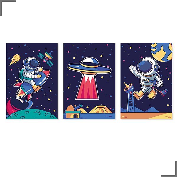 Placa Quadro Para Decoração De Quarto Infantil e Criança 30x20 cm Kit Com 3 Astronauta
