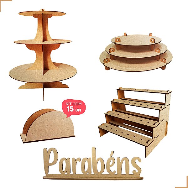 Kit Torre Bandeja Escadinha Parabéns Porta Guardanapo Festa