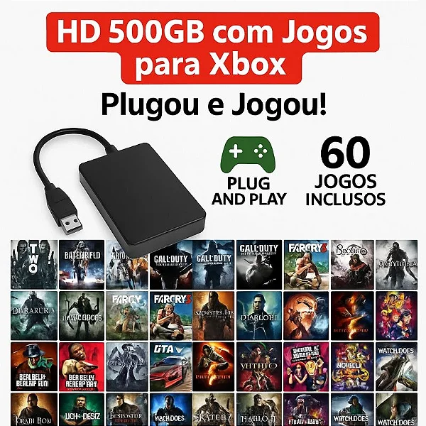 HD Externo 500GB com Jogos para Xbox – Plug and Play