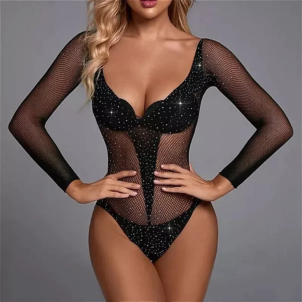 Body Arrastão Kim Com Manga Longa E Strass