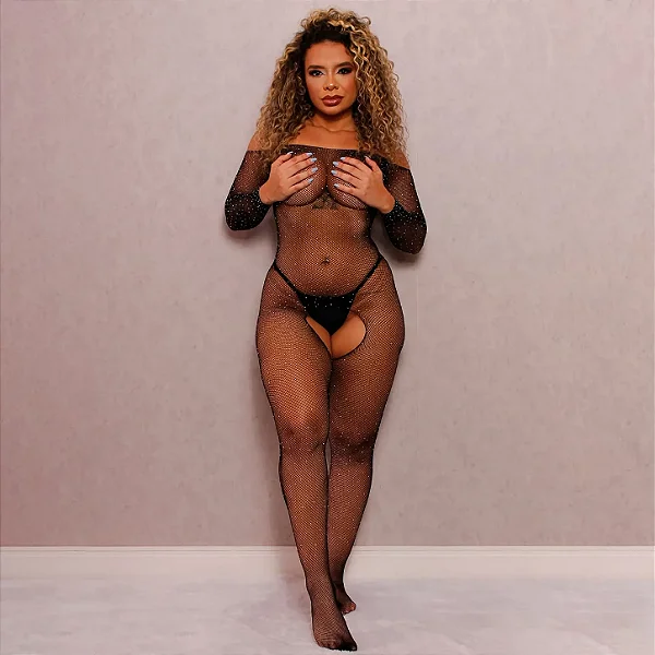 Macacão Arrastão Adele Manga Longa com Strass