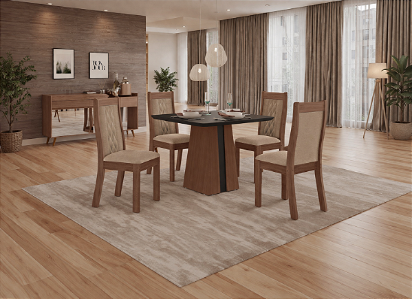 Sala De Jantar Naomi 0.90 X 0.90 Tampo Off Black +4 Cadeiras Bella Jatoba Preto/Off Black/Helmi