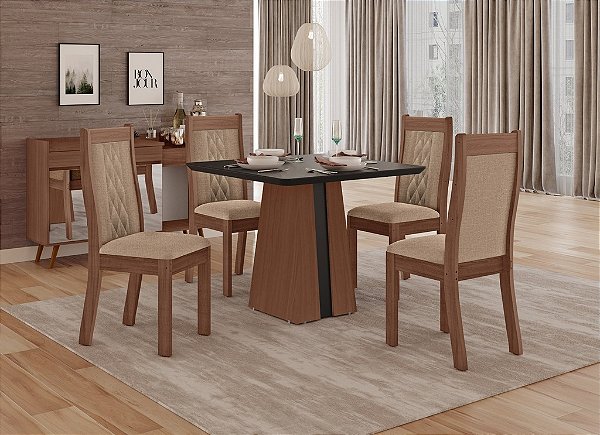 SALA DE JANTAR NAOMI 0.90 X 0.90 TAMPO OFF BLACK  +4 CADEIRAS BELLA JATOBA PRETO / OFF BLACK / HELMI