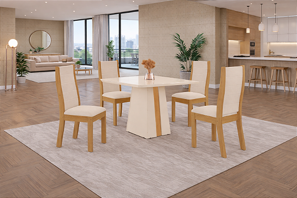 Sala De Jantar Naomi 0.90 + 04 Cadeiras Beatriz Off White/FREIJO/Off White/Premier